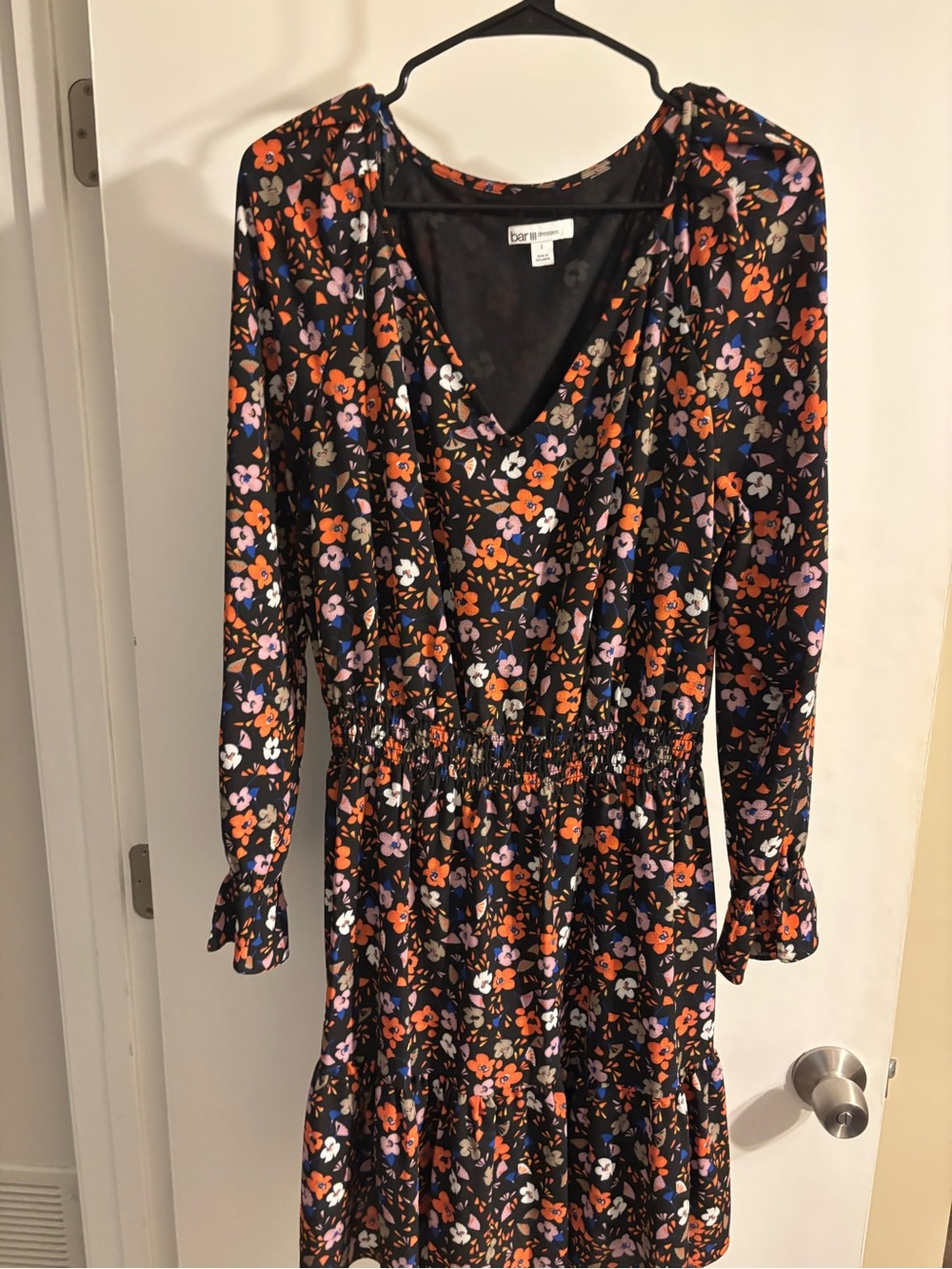 Bar III Black Floral V-Neck Long Sleeve Dress with Orange & Purple Flowers